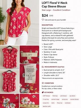 LOFT Bright Pink Floral V-Neck Cap Sleeve Top